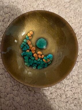 Vintage Bovano Decorative Bowl in Olive with Teal/copperAccents
